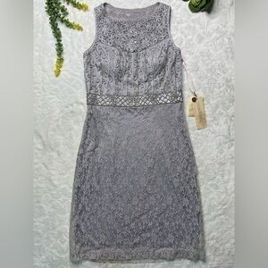 Sue Wong Illusion Yoke Embroidered Sequin Lace Sheath Dress in Platinum NWT 6